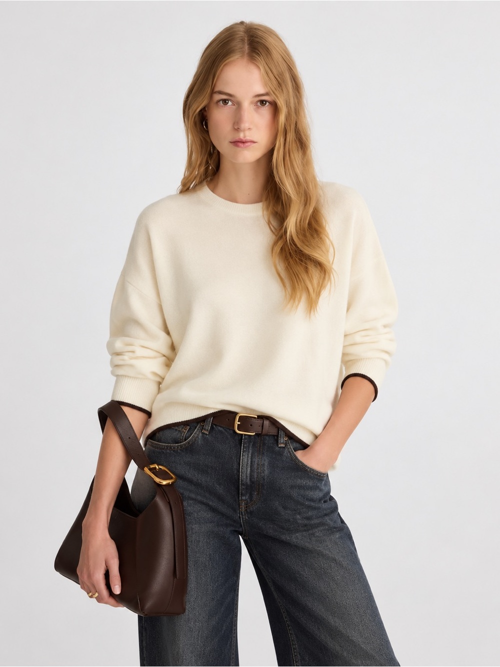 Madewell Merino Wool Pullover Sweater in Ivory With Molasses Brown Trim Size XL
